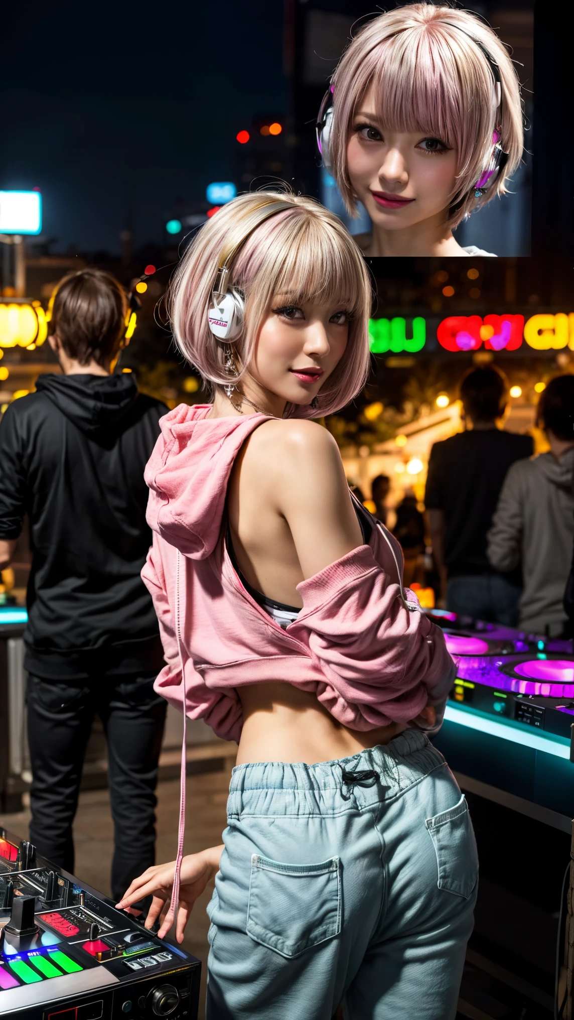 Highest quality, Tabletop, Ultra-high resolution, (Realistic:1.4), (Japanese Idols),RAW Photos, One Girl, night,Detailed skin,nightclub,Disco,(blonde:1.2), (Pink inner hair:1.3),Glossy Lips,smile,21 years old,Beautiful and beautiful eyes,eye shadow,Diamond jewellery,Earrings,Gold Jewelry,(hoodie:1.3),,(Shoulder strengthening:1.2),A well-trained body,(Pixie Cut),Round face,(playing music as a DJ:1.5), (DJ:1.2) Vibrant performances (Music Festival:1.2) and (Lively crowd:1.1) and (Colorful stage lighting:1.1), (Back view:1.5 ),Back view,A slightly distant composition,(back of head)