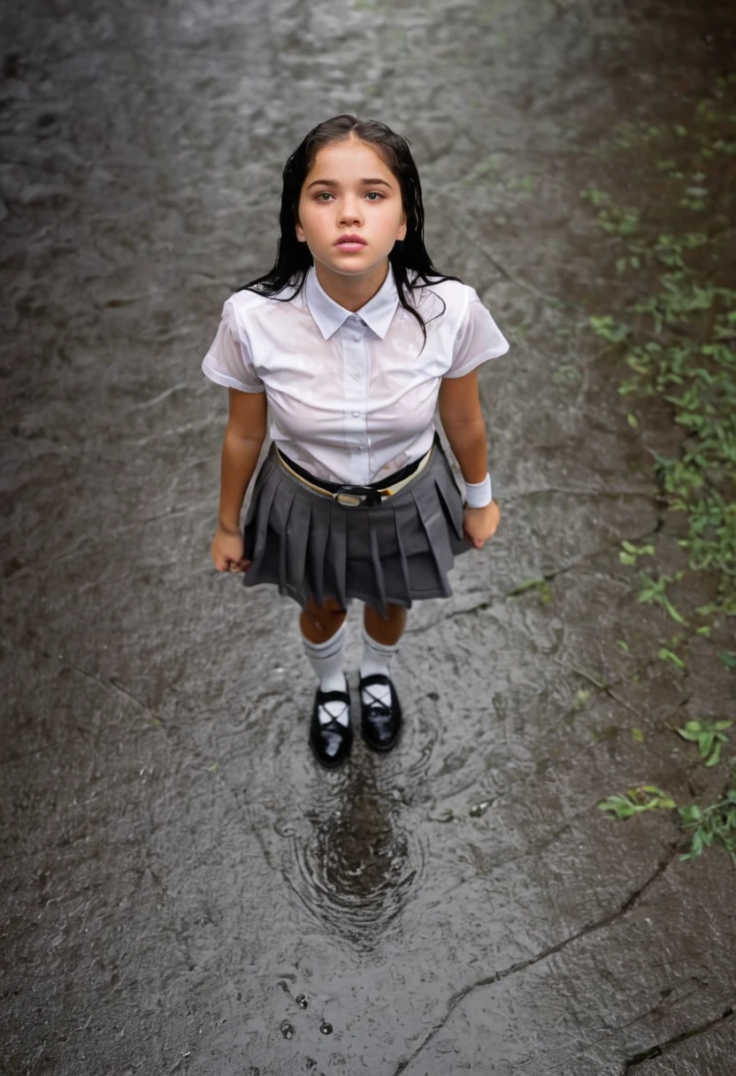 Aerial shot. A age girl with long way black hair looking up at the camera above her. She is wearing a plain white shirt with short sleeves, a grey skirt, and a black school belt, marry jane shoes and white socks, 1970s era, cinematic lighting, back lighting, raining, tropical storm, wet, soaked
