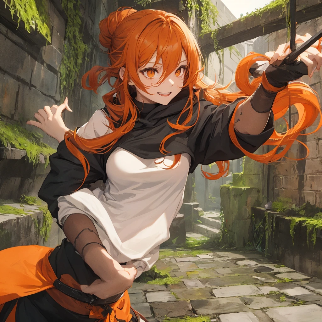 Orange Eyes、Dark orange hair、Small breasts、A single bun with slightly longer hair down、Black hoodie、female、In a narrow dungeon covered with moss、laughing、sword、alone