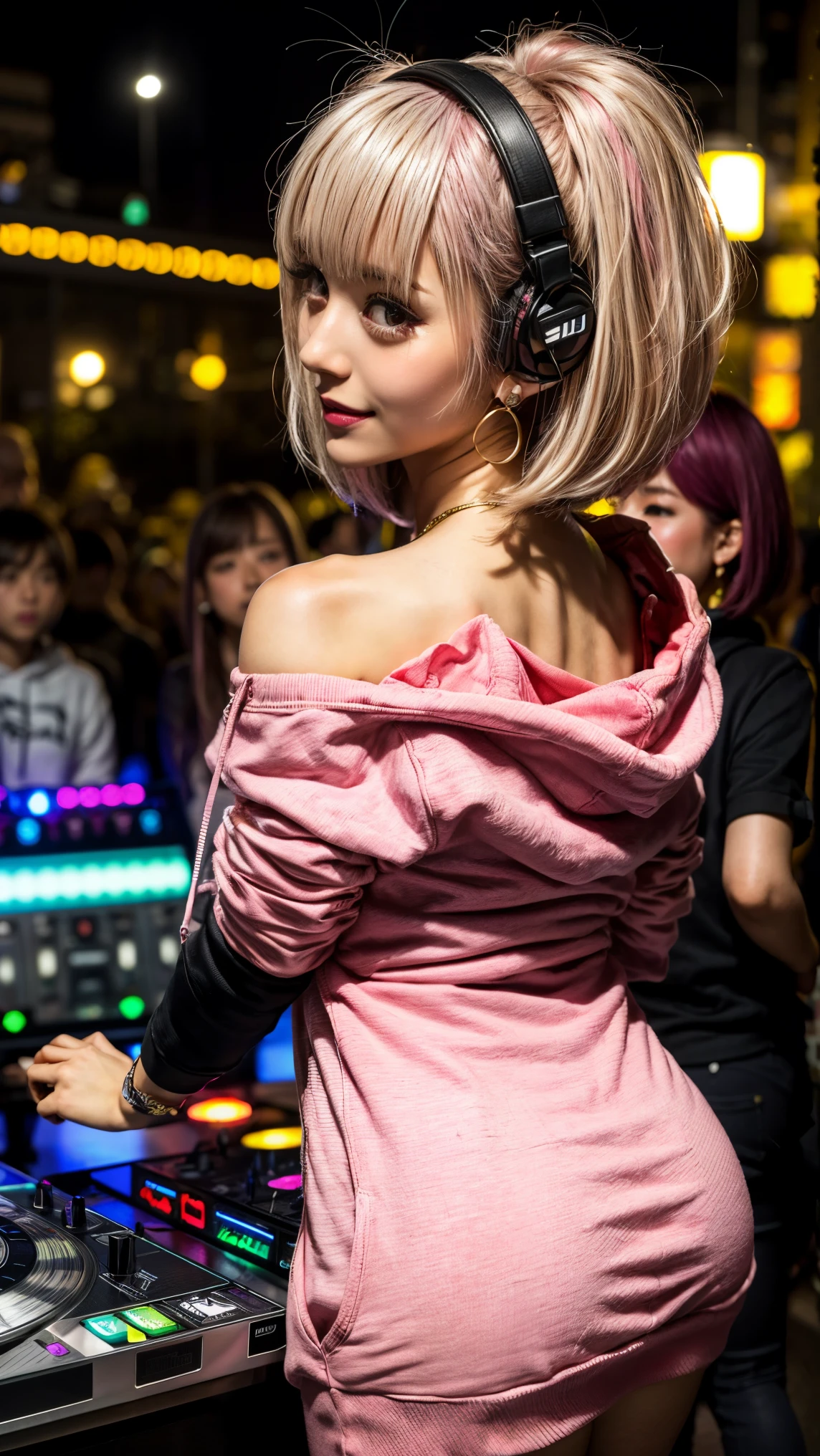 Highest quality, Tabletop, Ultra-high resolution, (Realistic:1.4), (Japanese Idols),RAW Photos, One Girl, night,Detailed skin,nightclub,Disco,(blonde:1.2), (Pink inner hair:1.3),Glossy Lips,smile,21 years old,Beautiful and beautiful eyes,eye shadow,Diamond jewellery,Earrings,Gold Jewelry,(hoodie:1.3),,(Shoulder strengthening:1.2),A well-trained body,(Pixie Cut),Round face,(playing music as a DJ:1.5), (DJ:1.2) Vibrant performances (Music Festival:1.2) and (Lively crowd:1.1) and (Colorful stage lighting:1.1), (Back view:1.5 ),Back view,A slightly distant composition,(back of head)