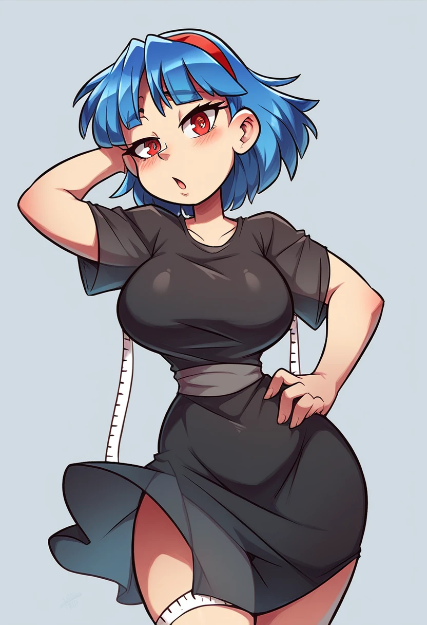 My name is Yukiko.I am a white test woman with long Sky blue hair,red eye color.I am 1.62 cm tall . My breasts measure 200 cm, my waist 40 cm and my hips 200. Dressed in a low-cut and transparent black dress made of organdi fabric.   . With big breasts 200 cm  