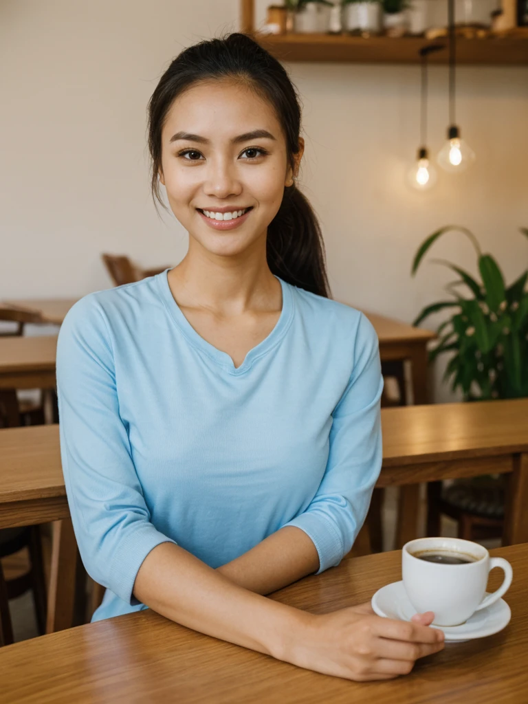 her name is Olivia, high quality, 1girl, ((27-year-old fit Filipna woman)),((Filipina nose)), ((27 years old)), ((BODY TYPE: HOURGLASS)), ((Ponytail HAIR)), ((EYE COLOR: Light blue)), ((Close-up)), Smiling, pose: SITTING and ARMS CROSSED, wearing Casual Shirt and Short Generation-Z modern wear VARIETY colored, BACKGROUND: " Indoor: A small cafe with warm lighting, wooden tables, and the smell of freshly brewed coffee."