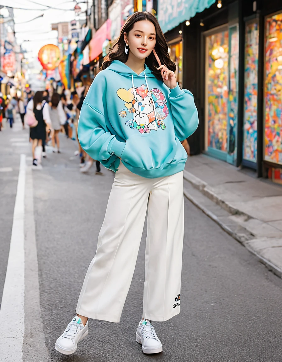 
A stunning young woman with dark brunette hair styled in loose waves, highlighting her oval face shape, dressed in a vibrant and youthful Korean-inspired outfit. She wears a colorful, oversized hoodie with cute cartoon prints, paired with high-waisted white wide-leg pants. Her pose is energetic and playful, standing amidst the lively streets of Hongdae, with one hand holding a cup of bubble tea and the other making a peace sign. The lighting captures the vibrant street art and bustling atmosphere of the area. Accessories include large hoop earrings, a delicate bracelet, and a small pastel-colored backpack. Footwear is a pair of white platform sneakers, blending comfort with a bold statement.
Location: Hongdae
