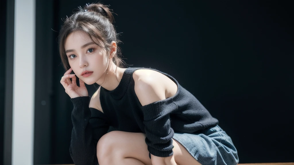 1 Girl, Thin face, Sharp blue eyes, Black Hair, Hair tied in a bun, Thin:1.3,  Body, Wearing a light knit sweater, High dark skirt, Hands on knees, Looking at the audience, (Eye level shot, Cowboy shooting),
rest
(best quality:1.3, masterpiece:1.3), (Practical, photo Practical:1.2), high resolution, Ultra HD, 8K, (Practical skin, Delicate and glowing skin), (Normal expression, Perfect anatomical structure),
