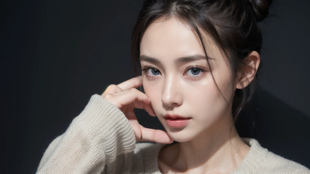1 Girl, Thin face, Sharp blue eyes, Black Hair, Hair tied in a bun, Thin:1.3,  Body, Wearing a light knit sweater, High dark skirt, Hands on knees, Looking at the audience, (Eye level shot, Cowboy shooting),
rest
(best quality:1.3, masterpiece:1.3), (Practical, photo Practical:1.2), high resolution, Ultra HD, 8K, (Practical skin, Delicate and glowing skin), (Normal expression, Perfect anatomical structure),