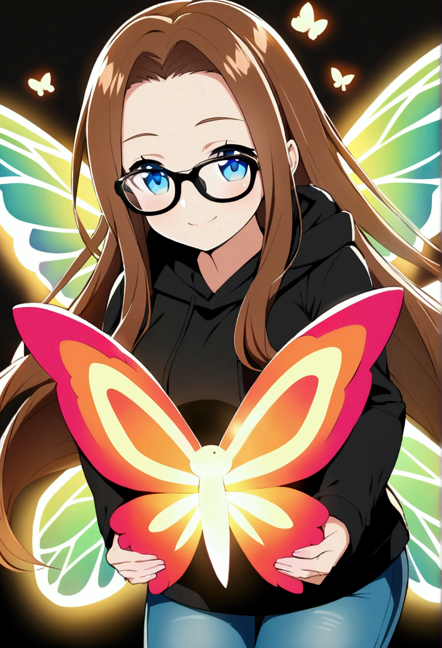 Alone, one person, anime woman (shoulder-length brown hair, blue eyes, black hoodie, jeans, dark-framed glasses, clear forehead, smiling, with shimmering colorful butterfly wings). Holds a cute fantasy creature in her arms like Pokemon.