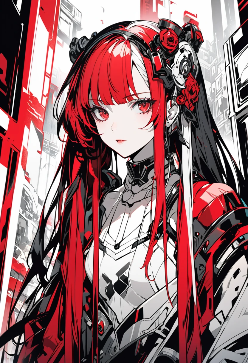 Transparent red hair、Anime girl in a black and white swimsuit Character portrait using only three colors: red, black and white Urban art style Pre-Raphaelite、Inspired by Xia Shuwen、Beautiful Female Android