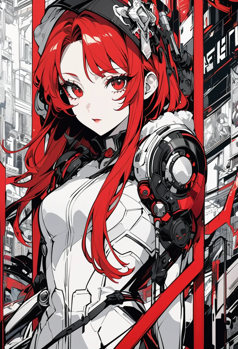 Transparent red hair、Anime girl in a black and white swimsuit Character portrait using only three colors: red, black and white Urban art style Pre-Raphaelite、Inspired by Xia Shuwen、Beautiful Female Android