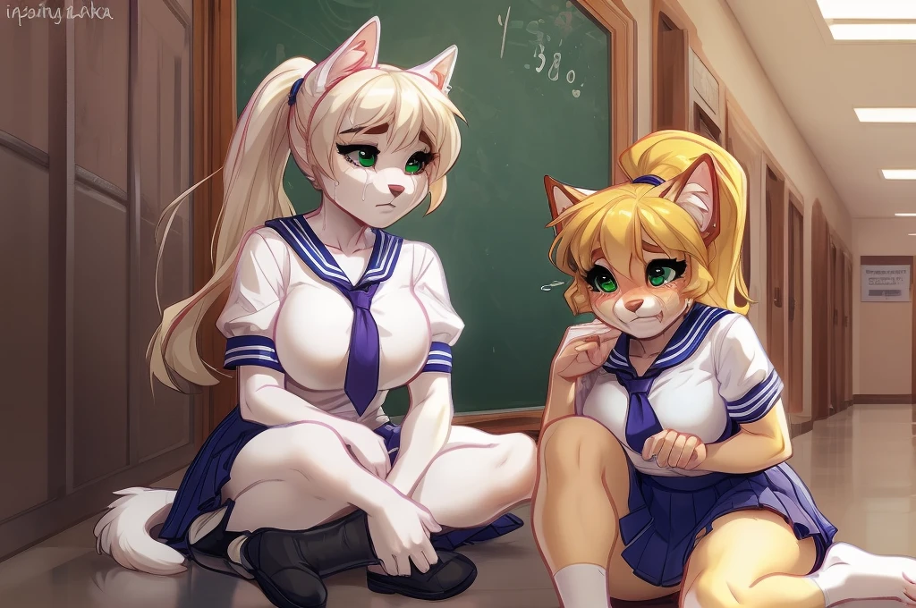 (Alisa Vald by iskra), female, anthro, (white fur), female cat, yellow hair with a ponytail, green eyes:0.8, medium hips, big breasts, (school uniform), (pain expression:1.2), (fetal position), hugging her legs, (crying inconsolably:1.2), (sitting in the corner of the school hallway), school