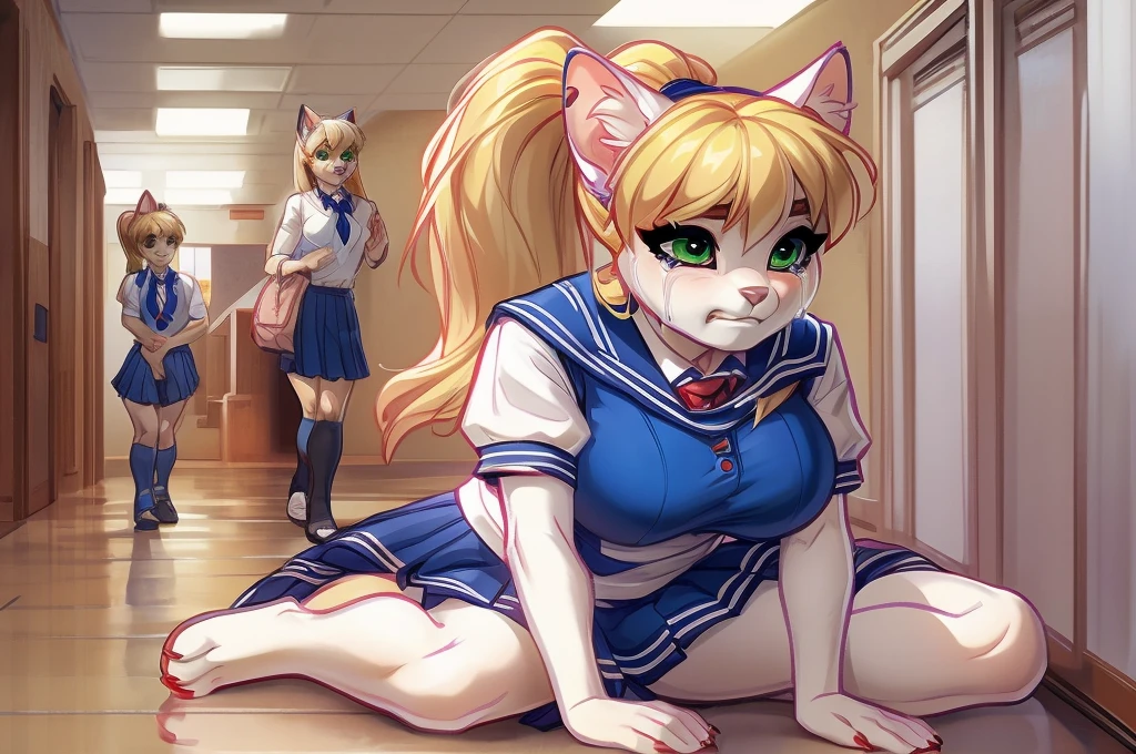 (Alisa Vald by iskra), female, anthro, (white fur), female cat, yellow hair with a ponytail, green eyes:0.8, medium hips, big breasts, (school uniform), (pain expression:1.2), (fetal position), hugging her legs, (crying inconsolably:1.2), (sitting in the corner of the school hallway), school