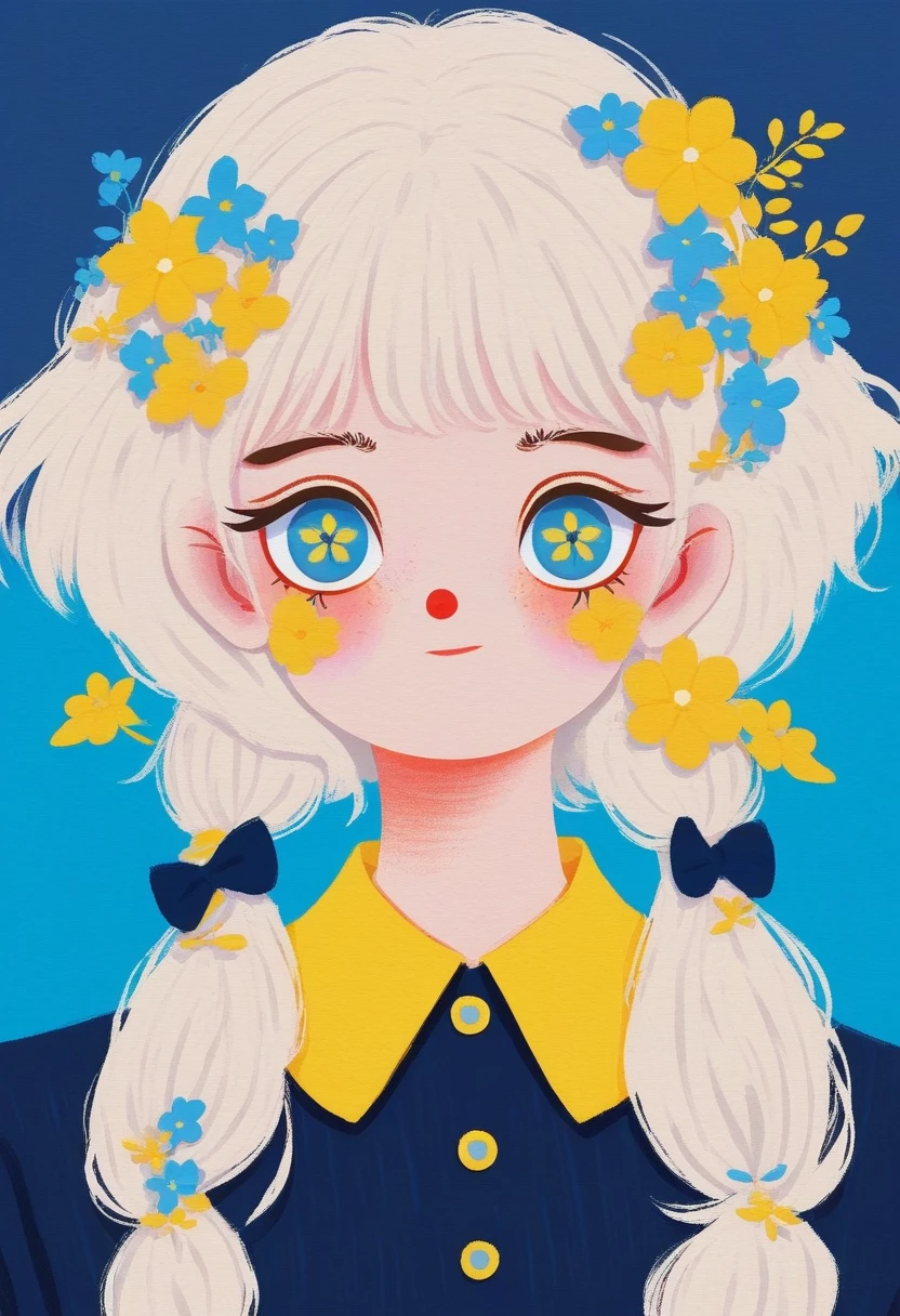 1 Girl,White hair,Colored contact lenses, Flower eyes,Colored eyelashes,Lovely,Solid color background,blue and yellow,Artistic sense,Navy collar,Minimalist Art,Vector illustration,Flat illustration,Japanese cartoons
