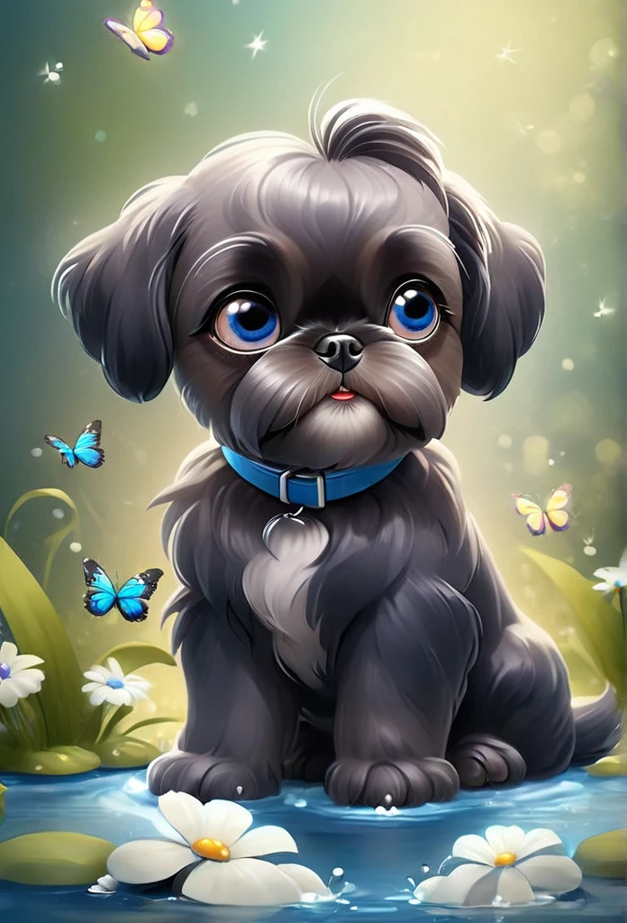 2 adorable very small very black Shih Tzu puppies with big bright blue eyes wearing blue collars and sunglasses playing in creek butterflies and flowers in background 3D Pixar style