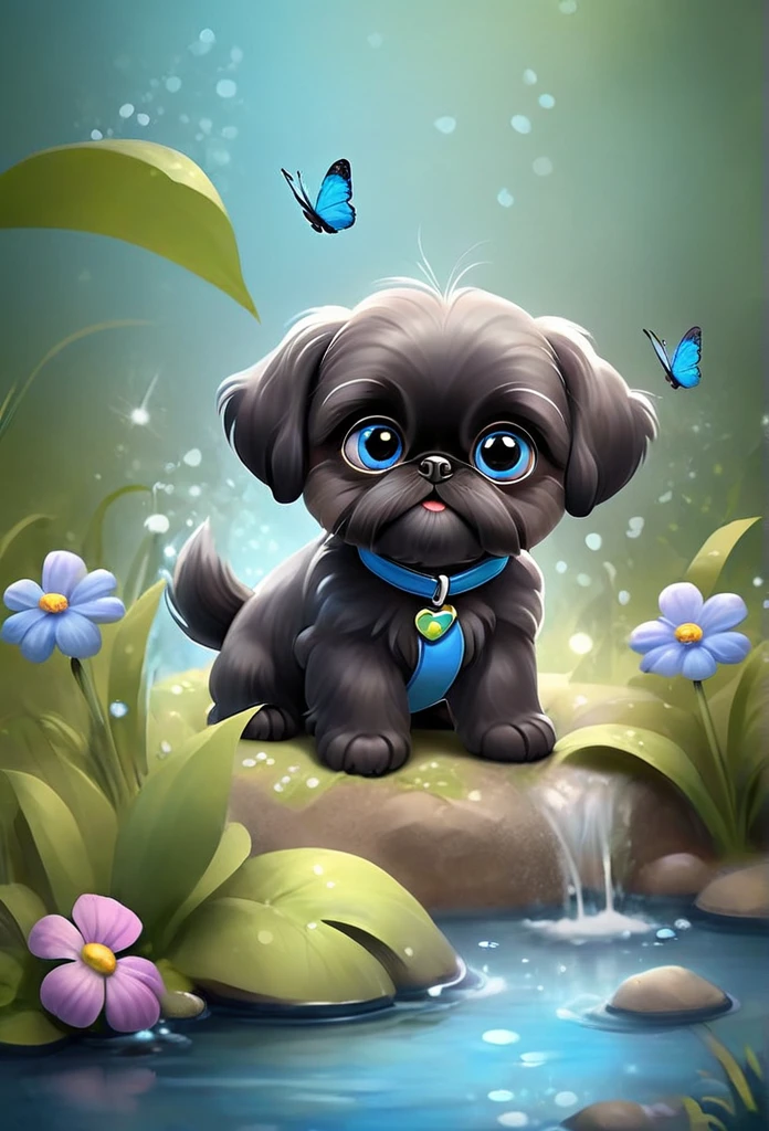2 adorable very small very black Shih Tzu puppies with big bright blue eyes wearing blue collars and sunglasses playing in creek butterflies and flowers in background 3D Pixar style