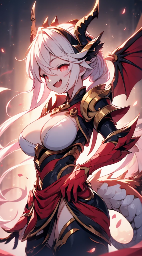 Dragon Girl,knight女孩,穿着knight铠甲的女孩,Breastplate,Skirt Armor,Arm Guard,Leggings,Bare thighs,丝绸Knee socks,Knee socks,White hair,Long hair,Single ponytail hairstyle,Dragon Horn女孩,Dragon Wings,Girl with wings,Dragon Horn,horn,巨Dragon Wings,White Wings,Dragon Tail,巨Dragon Tail,Long Tail,thick tail,Fat Tail,Smooth tail,White Tail,Scales,Scales盔甲,knight,knight girl,Close-up above the waist,Upper body close-up,mature body,Big breasts,Big breasts,Wide crotch,Big Ass,Fangs,laughing out loud,Royal sister,big sister,Heroic,Manic,Wild,Feral,arms,手持arms,手持长柄arms