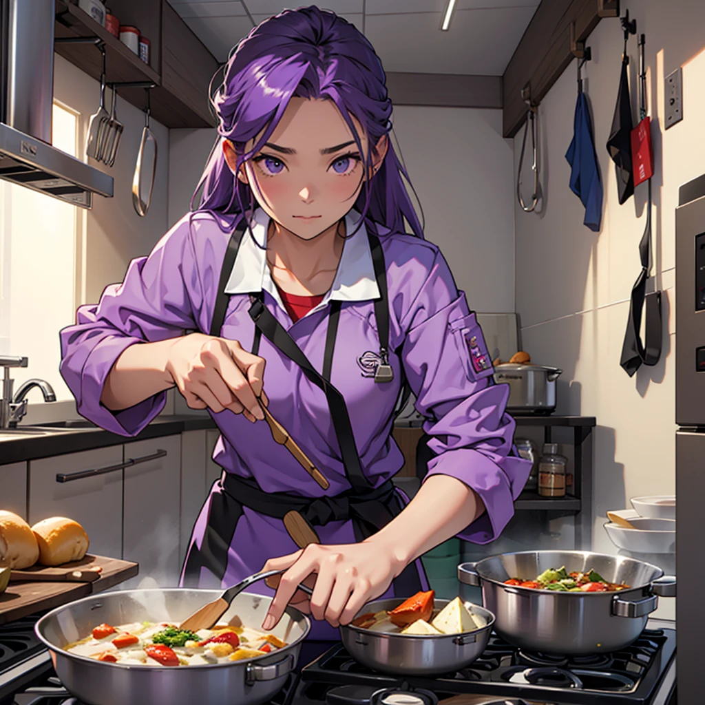 A cool female commander in purple clothes、Create an image of you cooking in your room alone。