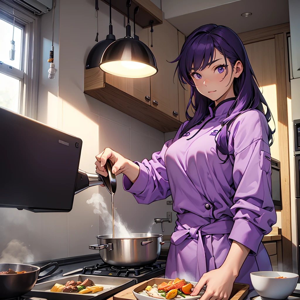 A cool female commander in purple clothes、Create an image of you cooking in your room alone。