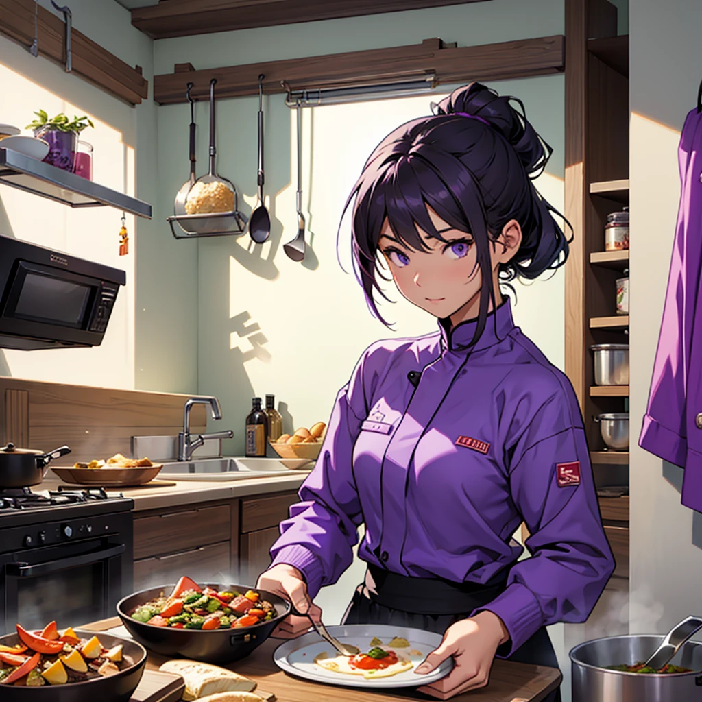 A cool female commander in purple clothes、Create an image of you cooking in your room alone。