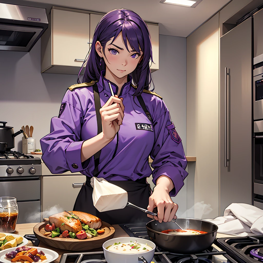 A cool female commander in purple clothes、Create an image of you cooking in your room alone。