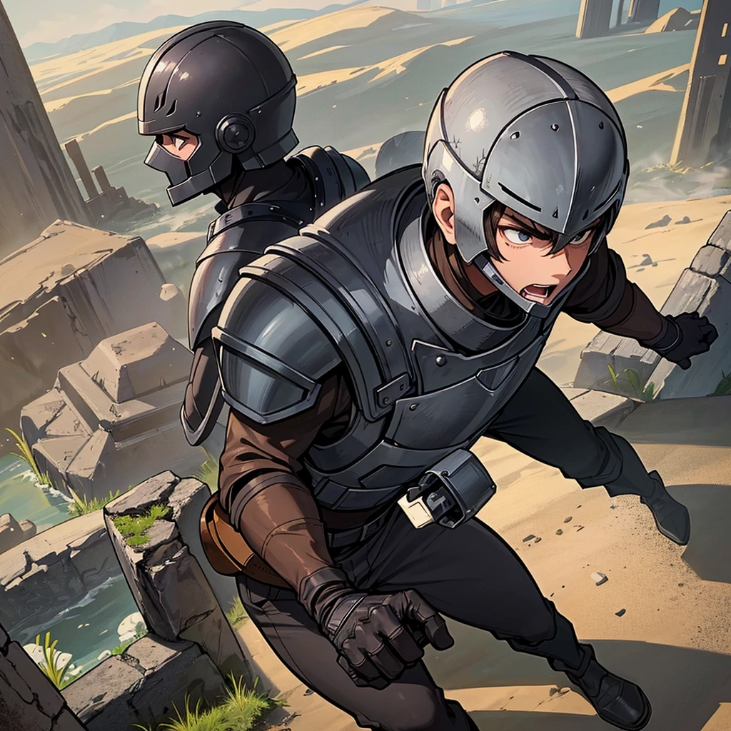 Best illustrations、Best Quality、(have a round shield)、(((Simple grey armor、Black trousers、Black gloves、Short Hair、Brown Hair、20 year old man、Iron Helmet、Iron helmet)))、(((Fighting Pose)))、(Old ruins、desert。Grass)、(Black, muddy swamp)、(Medieval Knight)、(Close your eyes、get annoyed、Open your mouth、Get angry、Sweat)、battlefield、(From above)