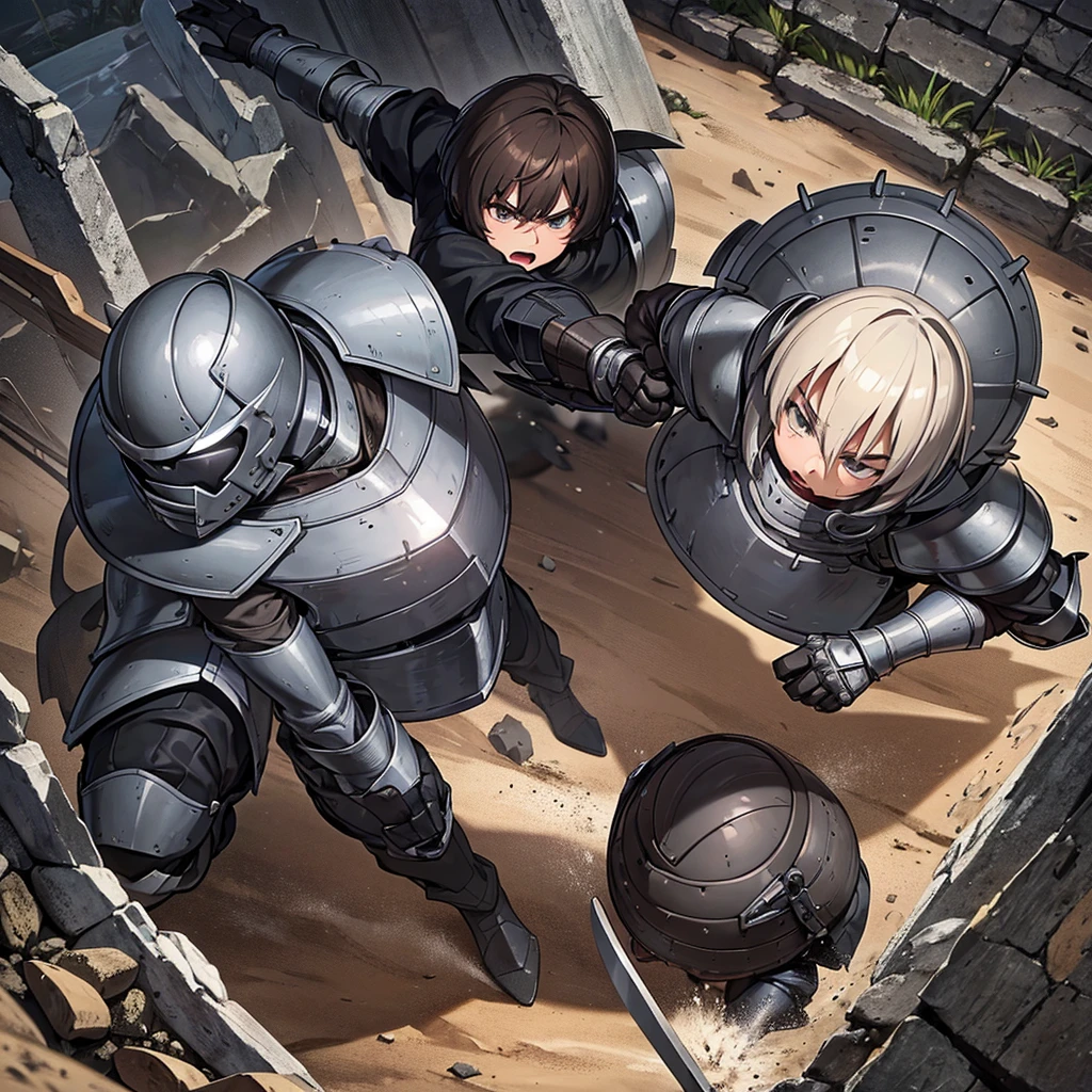 Best illustrations、Best Quality、(have a round shield)、(((Simple grey armor、Black trousers、Black gloves、Short Hair、Brown Hair、20 year old man、Iron Helmet、Iron helmet)))、(((Fighting Pose)))、(Old ruins、desert。Grass)、(Black, muddy swamp)、(Medieval Knight)、(Close your eyes、get annoyed、Open your mouth、Get angry、Sweat)、battlefield、(From above)