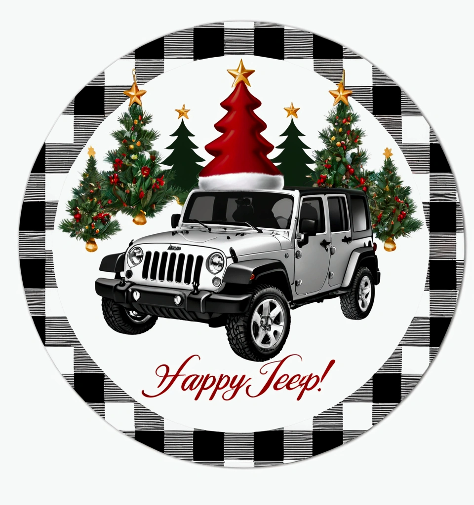 a black and white checkered christmas ornament, close-up, a jeep in the background, holidays, 2d, happy, 2 days, jeep wrangler, lipstick, high heels, dress, very high resolution, happy, 6k, 6000, angry, excited, love, ribbon, full body view, on a clear background, professional, 1x, high quality print