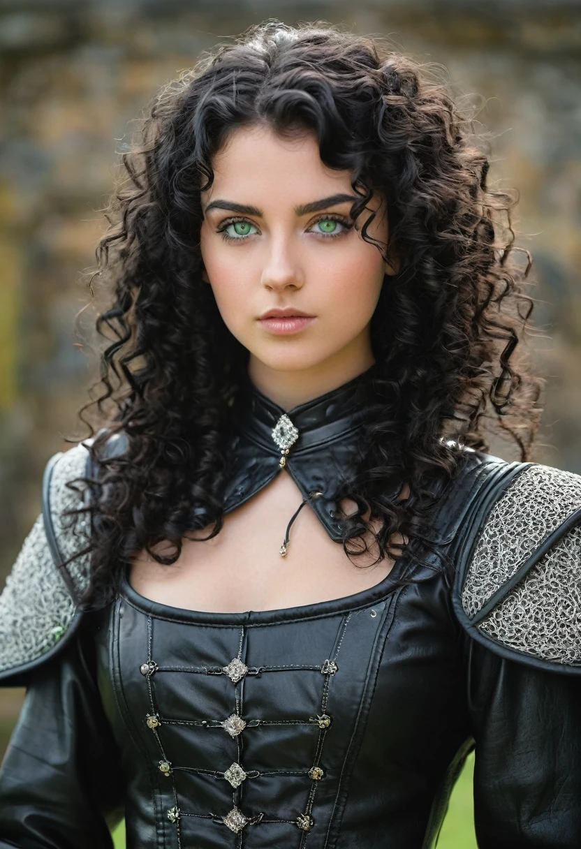 a 25 year old girl, curled hair, long and black, greeneyes, clear skin and diamond face, wearing a medieval black leather outfit with arrogant posture 