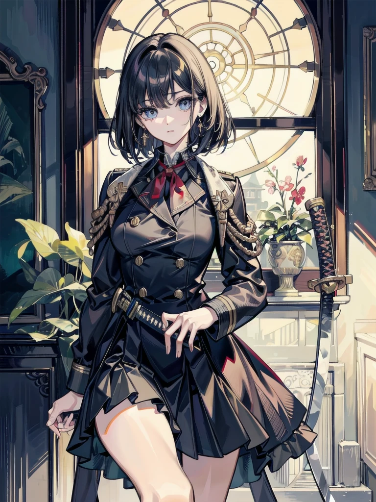absurdres, RAW photo, extremely delicate and beautiful, masterpiece, Best Quality, ultra high resolution, 32k, hyperrealistic, ultra-detailed, perfect anatomy, anatomically correct, perfect figure, Perfect Style, Perfect balance, super Detailed skin, in her 30s, very Slim body, narrow waist, very small head, very small face, delicate facial features, handsome detailed woman, very detailed eyes and face, realistic face proportions, Realistic beautiful face, Realistic beautiful eyes, tearful mole, earring, big tits, whole body shot, medium hair, indoor, long military jacket, (holding broad katana:1.2), (school_uniform:1.2), skirt, dress shirt,