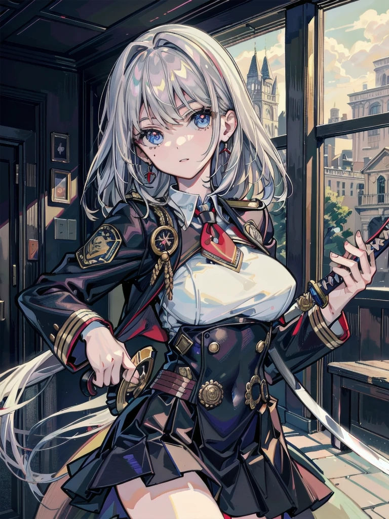 absurdres, RAW photo, extremely delicate and beautiful, masterpiece, Best Quality, ultra high resolution, 32k, hyperrealistic, ultra-detailed, perfect anatomy, anatomically correct, perfect figure, Perfect Style, Perfect balance, super Detailed skin, in her 30s, very Slim body, narrow waist, very small head, very small face, delicate facial features, handsome detailed woman, very detailed eyes and face, realistic face proportions, Realistic beautiful face, Realistic beautiful eyes, tearful mole, earring, big tits, whole body shot, medium hair, indoor, long military jacket, (holding broad katana:1.2), (school_uniform:1.2), skirt, dress shirt,