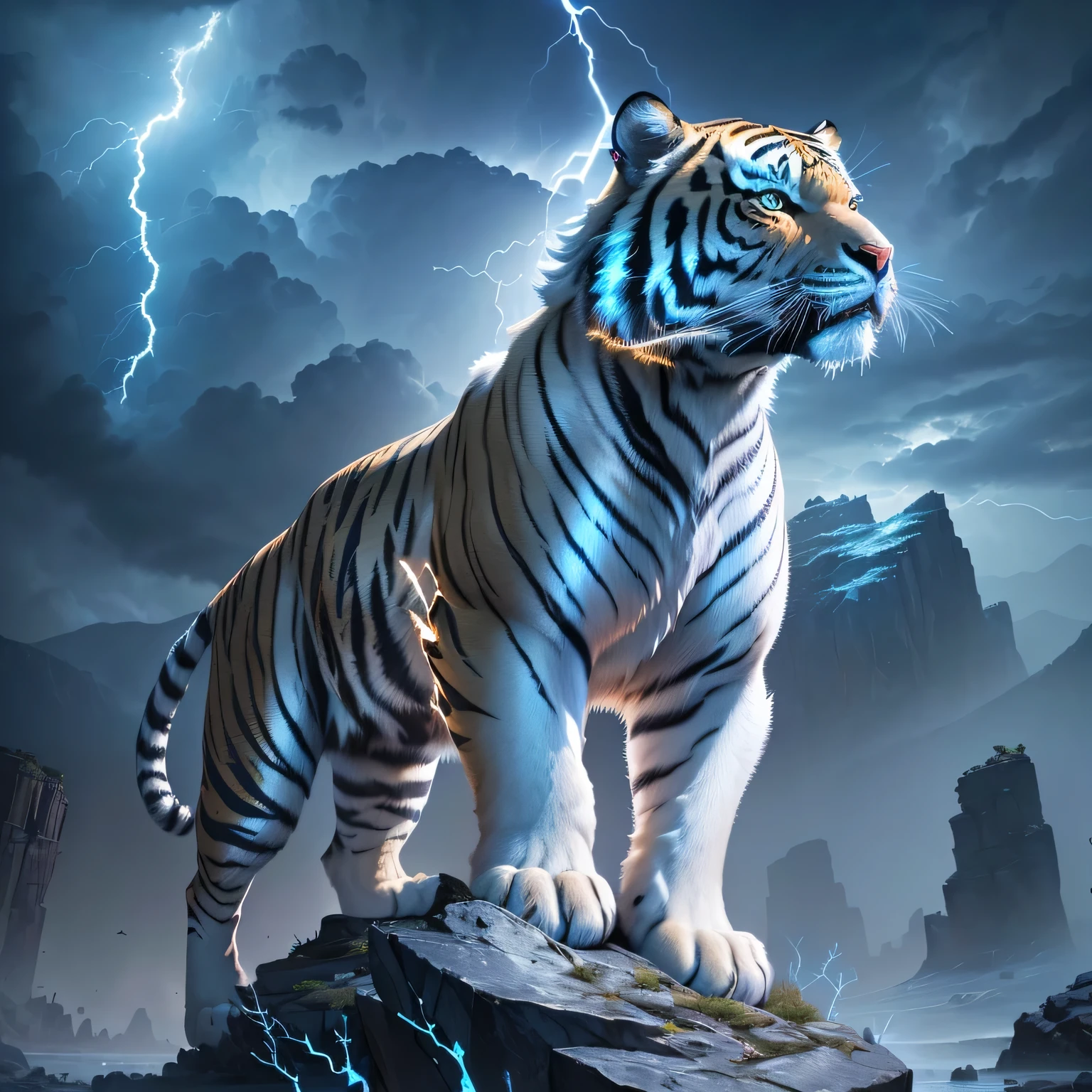 arafed tiger standing on a rock with a lightning bolt in the background, white tiger, Amazing wallpapers, tiger_beast, HD Wallpapers, author：Howard Lyon, Three 0, HD Wallpapers, 4 k HD Wallpapers very detailed, 4k highly detailed digital art, Beautiful digital artwork, Digital Art Animal Photos, Beautiful wallpapers, tiger, The numbers are very detailed