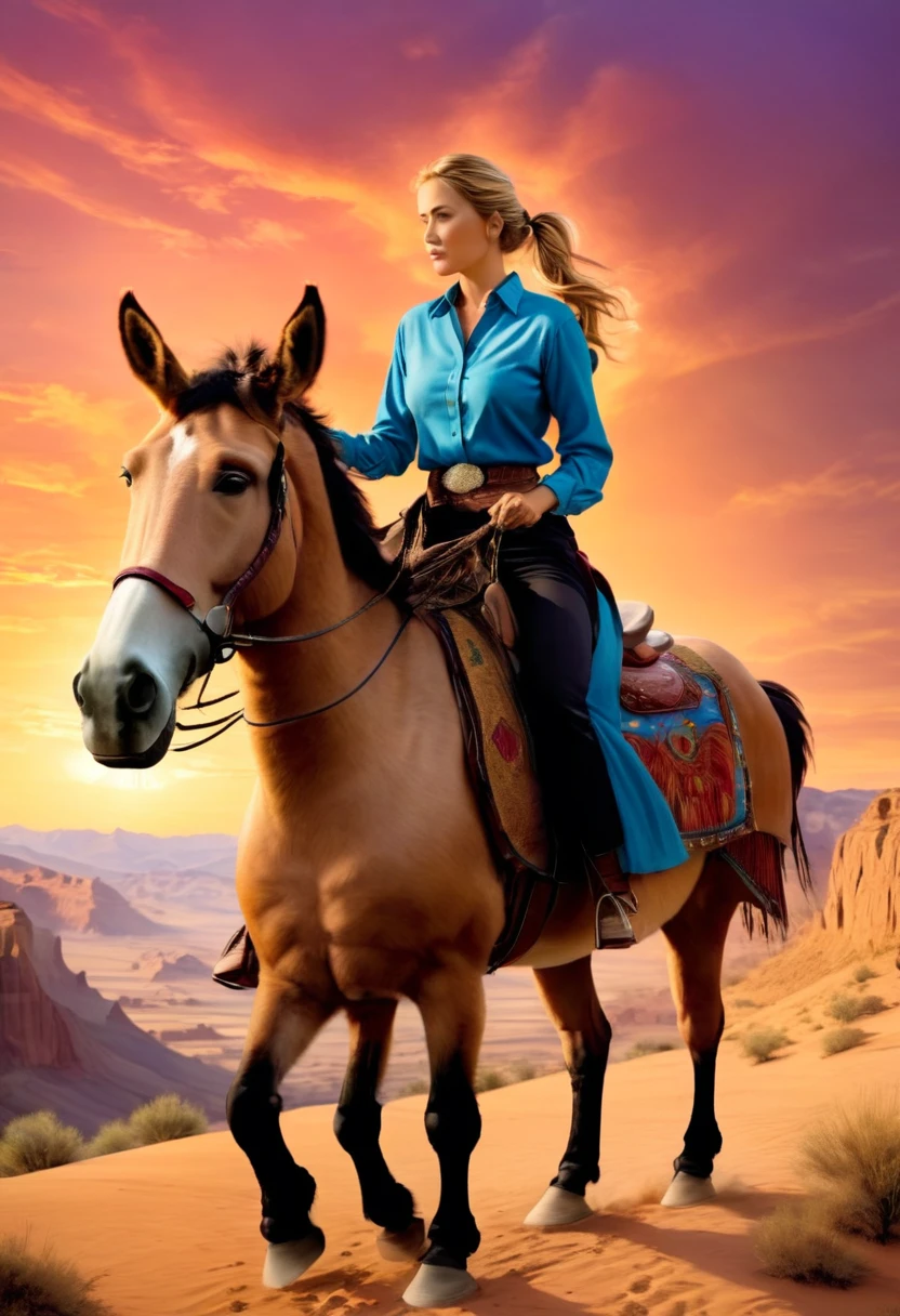 aan oil painting of woman cowboy riding a horse on the desert mountain at sunset, watching the desert canyon, an exquisite beautiful woman, most beautiful woman, blond hair, long hair, in a pony tail, ultra detailed face, (best detailed face: 1.3), wearing blue button shirt, small cleavage, wearing black trousers, dynamic color, wearing high heeled boots, (silhouette art: 1.3), she has a (lasso: 1.1) sun set, sun rays, sky in shades of purple, red, orange and yellow. vibrant colors of sky, Hyperrealism style, vibrant, Ultra-high resolution, High Contrast, (masterpiece:1.5), highest quality, Best aesthetics), best details, best quality, highres, ultra wide angle, 16k, [ultra detailed], masterpiece, best quality, (extremely detailed) RAW, chumbasket art style, oil painting, silhouette