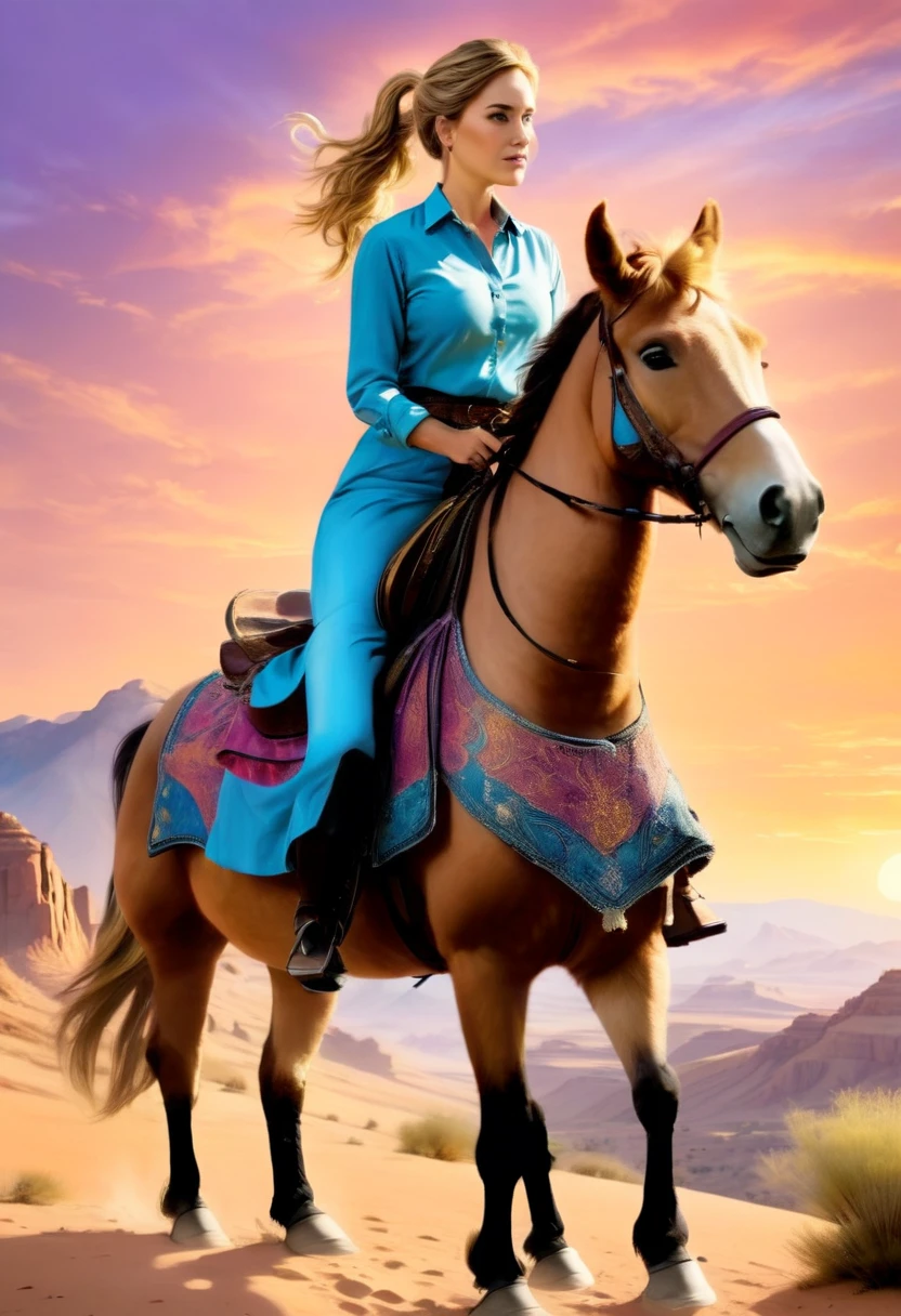 aan oil painting of woman cowboy riding a horse on the desert mountain at sunset, watching the desert canyon, an exquisite beautiful woman, most beautiful woman, blond hair, long hair, in a pony tail, ultra detailed face, (best detailed face: 1.3), wearing blue button shirt, small cleavage, wearing black trousers, dynamic color, wearing high heeled boots, (silhouette art: 1.3), she has a (lasso: 1.1) sun set, sun rays, sky in shades of purple, red, orange and yellow. vibrant colors of sky, Hyperrealism style, vibrant, Ultra-high resolution, High Contrast, (masterpiece:1.5), highest quality, Best aesthetics), best details, best quality, highres, ultra wide angle, 16k, [ultra detailed], masterpiece, best quality, (extremely detailed) RAW, chumbasket art style, oil painting, silhouette