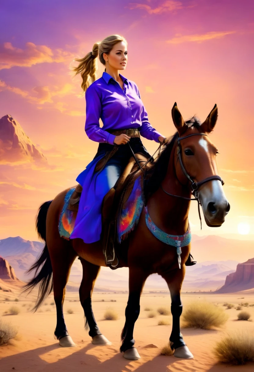 aan oil painting of woman cowboy riding a horse on the desert mountain at sunset, watching the desert canyon, an exquisite beautiful woman, most beautiful woman, blond hair, long hair, in a pony tail, ultra detailed face, (best detailed face: 1.3), wearing blue button shirt, small cleavage, wearing black trousers, dynamic color, wearing high heeled boots, (silhouette art: 1.3), she has a (lasso: 1.1) sun set, sun rays, sky in shades of purple, red, orange and yellow. vibrant colors of sky, Hyperrealism style, vibrant, Ultra-high resolution, High Contrast, (masterpiece:1.5), highest quality, Best aesthetics), best details, best quality, highres, ultra wide angle, 16k, [ultra detailed], masterpiece, best quality, (extremely detailed) RAW, chumbasket art style, oil painting, silhouette