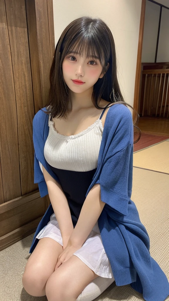 、17-year-old girl、Long Hair、Shoulder-length layers、Asymmetrical bangs、Japanese Idols、Bust Size C Cup、An angle that shows the knees、Neat clothes