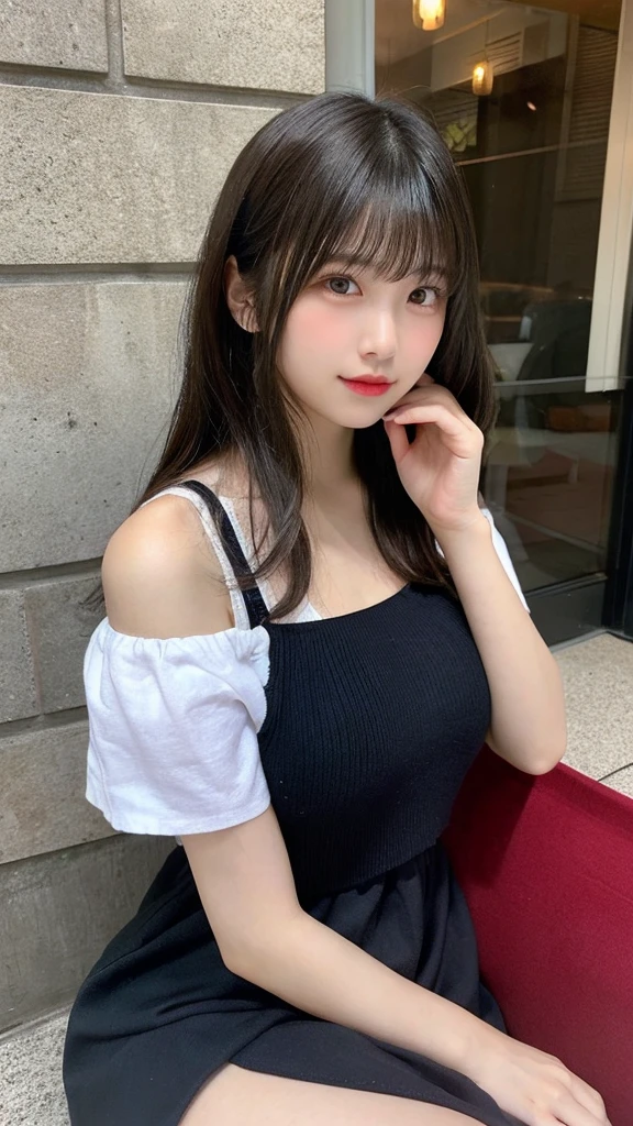 High resolution, highest quality, perfect dynamic composition, beautiful and fine eyes, off shoulder、shining hair、medium hair, natural color lip, university student、Harajuku、slight smile、Crouched figure、M-shaped legs、naked apron