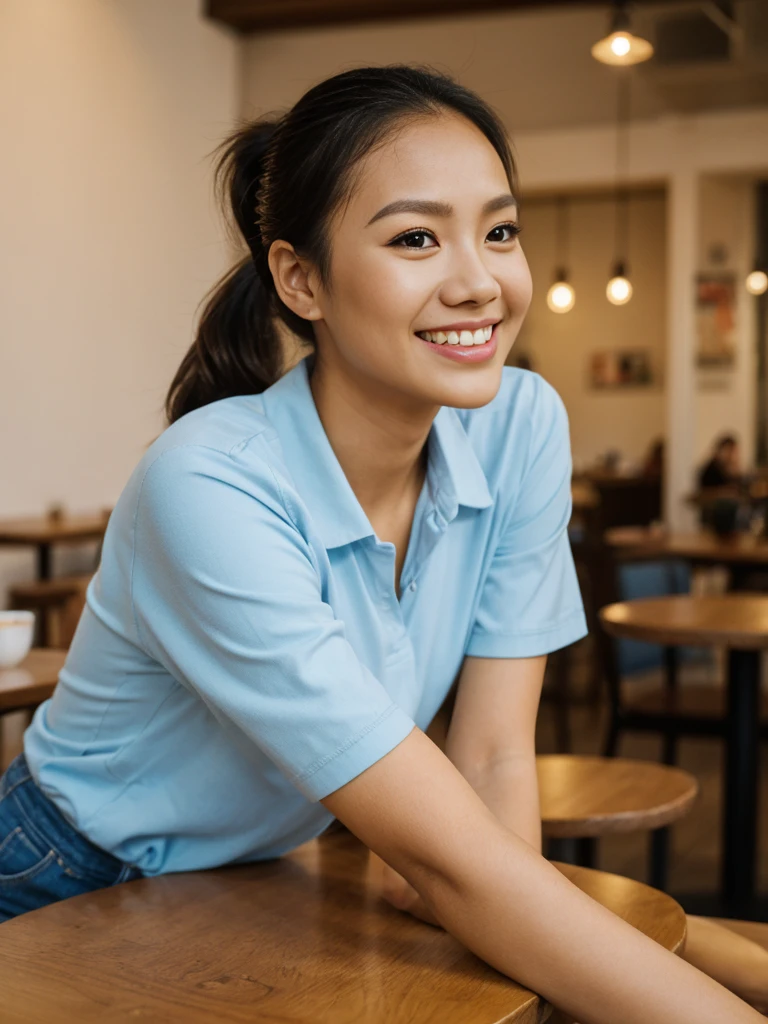 her name is Olivia, high quality, 1girl, ((27-year-old fit Filipna woman)),((Filipina nose)), ((27 years old)), ((BODY TYPE: HOURGLASS)), ((Ponytail HAIR)), ((EYE COLOR: Light blue)), ((Close-up)), Smiling, pose: SITTING and ARMS CROSSED, wearing Casual Shirt and Short Generation-Z modern wear VARIETY colored, BACKGROUND: " Indoor: A small cafe with warm lighting, wooden tables, and the smell of freshly brewed coffee."