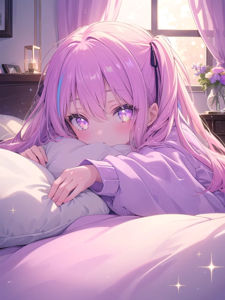 ((8k, best quality, master piece: 1.3)),super high resolution,(1 girl, solo), (colorshift eyes, hyperdetailed, expressive sparkling, glitter, glowing eyes), ultra detailed eyes, ultra-detailed face, random hair, ((pastel color)), Draw a 15 year old girl relaxing at home. The girl is in her pajamas, lounging in bed with a stuffed toy, exuding a calming bedroom atmosphere. The background features a starry window with indirect lighting and silk sheets. The camera angle should be from the perspective of the girl in bed. The color palette should have soft night tones and the sheen of the sheets, as well as the relaxed expression on the girl's face and the details of the stuffed toy.