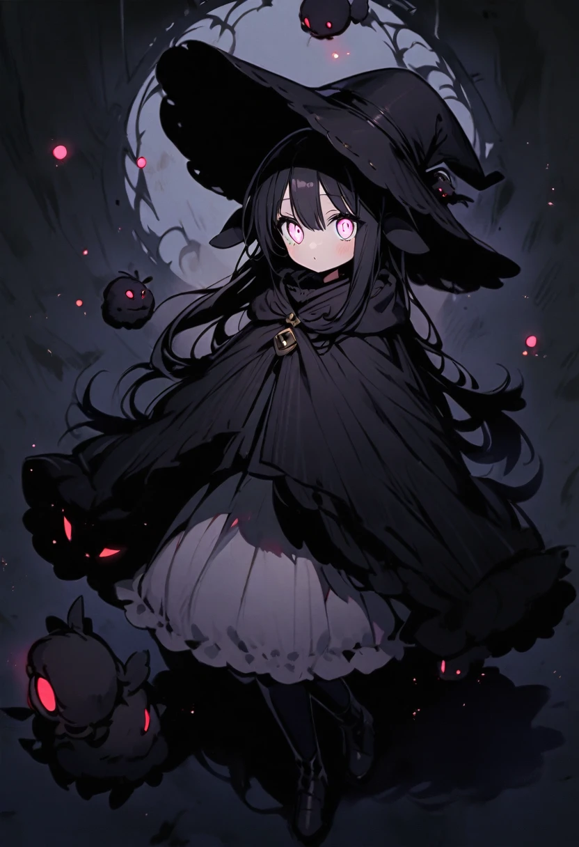 (well done: 1) small creature made completely of darkness, black hair, long straight hair, black sheep ears, black sheep tail, large hat, large white eyes, black poncho with hood, white dress stripped underneath, black boots .