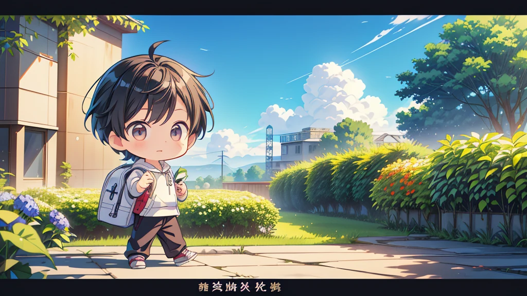 Chibi no Boy、(((Highest quality、Masterpiece、Official Art、The best dynamic composition)))、Anime Style、Very detailed、8K high resolution、Primary school students６The year-old boy is carrying a black school bag、Wearing a hoodie and long pants、In her hands she holds a potted plant with morning glories blooming.、