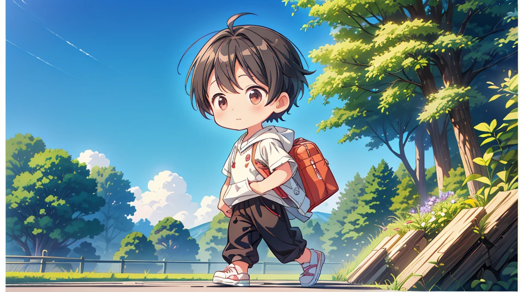 Chibi no Boy、(((Highest quality、Masterpiece、Official Art、The best dynamic composition)))、Anime Style、Very detailed、8K high resolution、Primary school students６The year-old boy is carrying a black school bag、Wearing a hoodie and long pants、In her hands she holds a potted plant with morning glories blooming.、