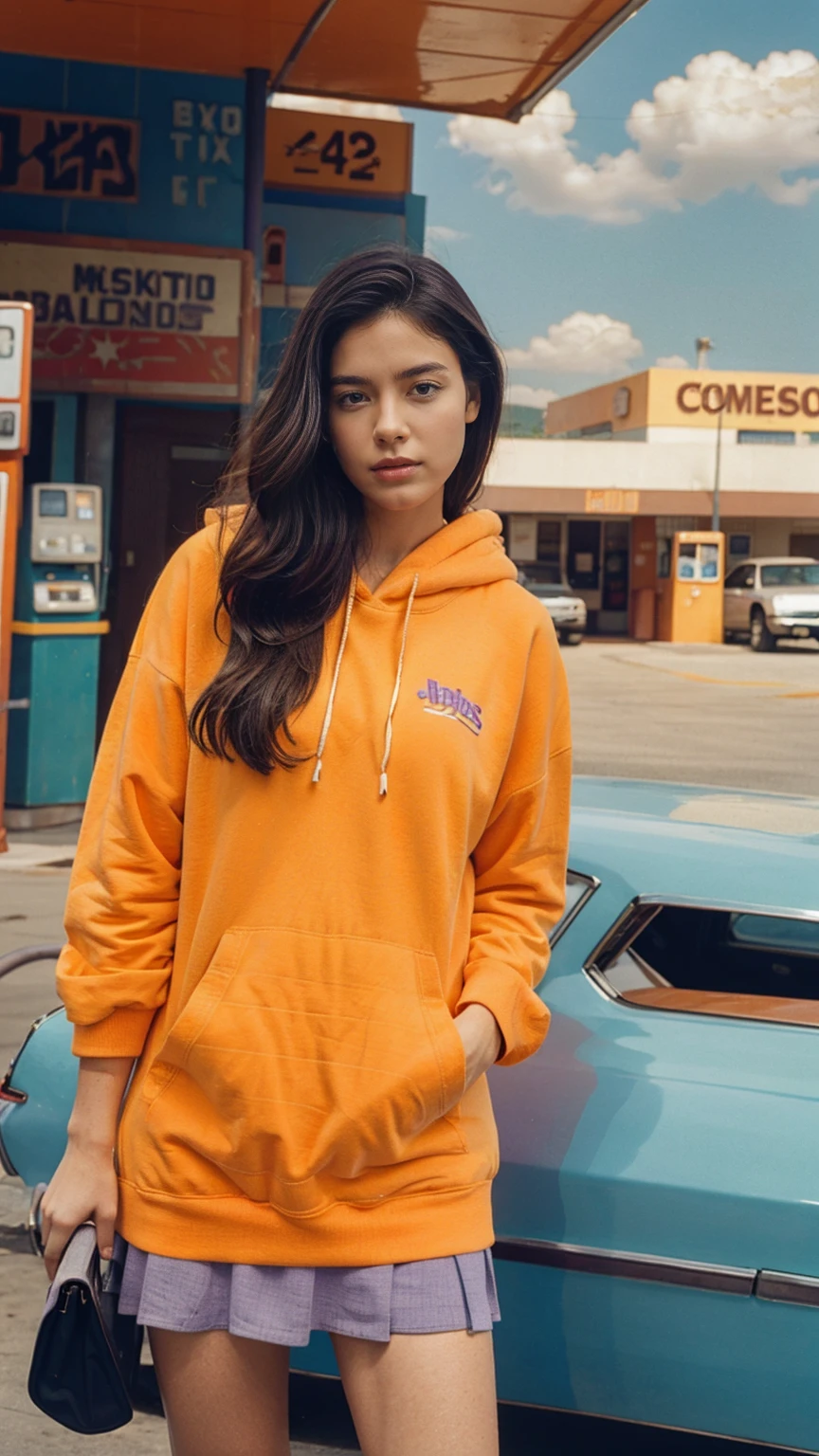  photo cinematic photograph long shot portraits by Wes Anderson, cute 23 yo girl ,fokus, bokeh ,wear ((orange color oversized_hoodie)), wear ((purple tennis skirt)),looking front,Best Quality,Masterpiece,Ultra High Resolution,(Realisticity:1.4),Original Photo, 1Girl, light leak,ultra high resolution,UHD,beautiful, (black bob hair), almond eye, no makeup, in front of ((80's los angles gas station)), (realistic:1.2), (surreal:1.3), (very detailed:1.1), ((masterpiece)),summer, blue sky, palm trees,sunny, los angles vibes,film camera, 800mm lens,style of Philip Lorca diCorcia
