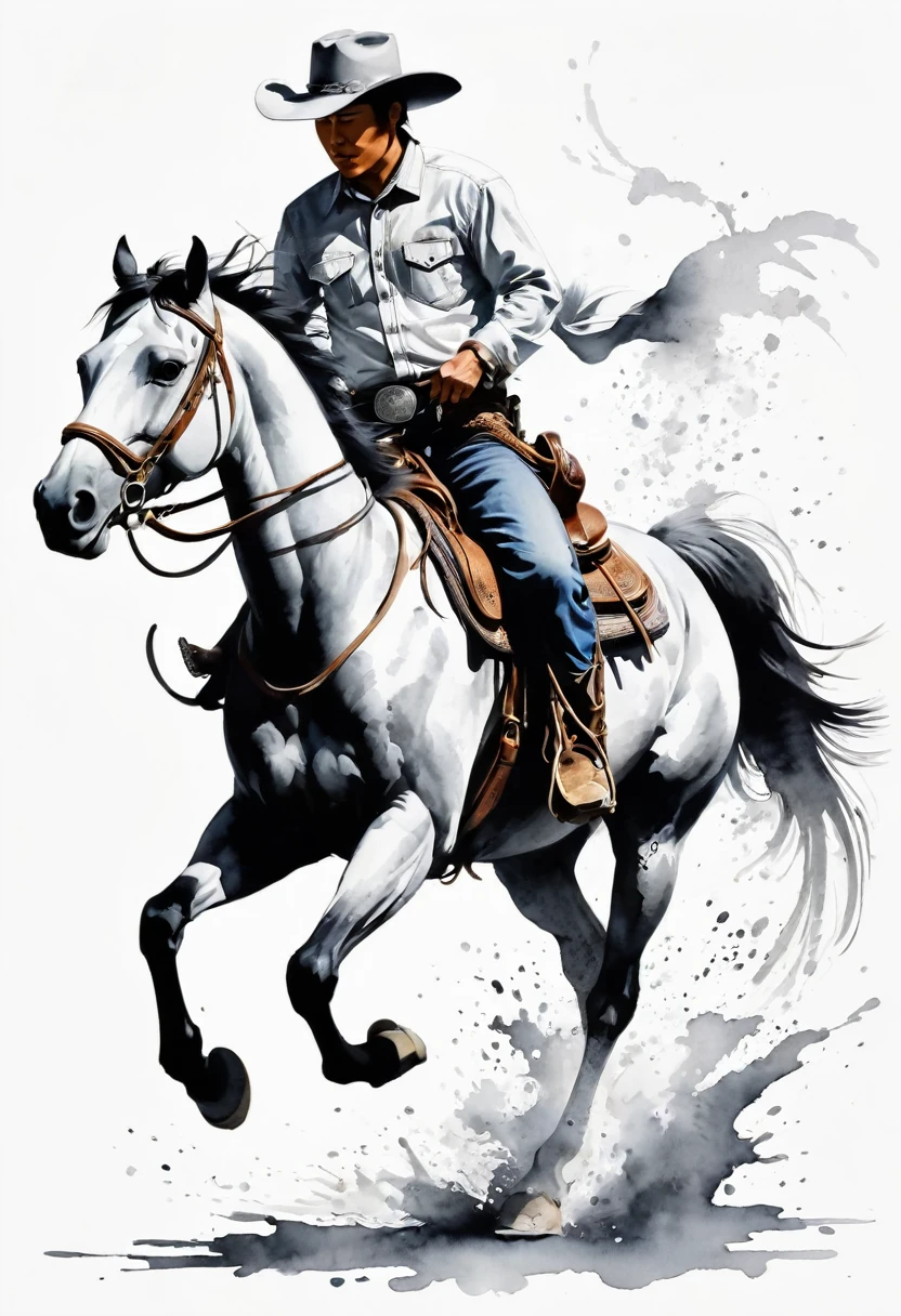 中国Ink Painting, Gray and White, at the lowest limit,White background,Footprinting, Minimalism, Huge negative space, Ink Painting, Abstract,A western cowboy,