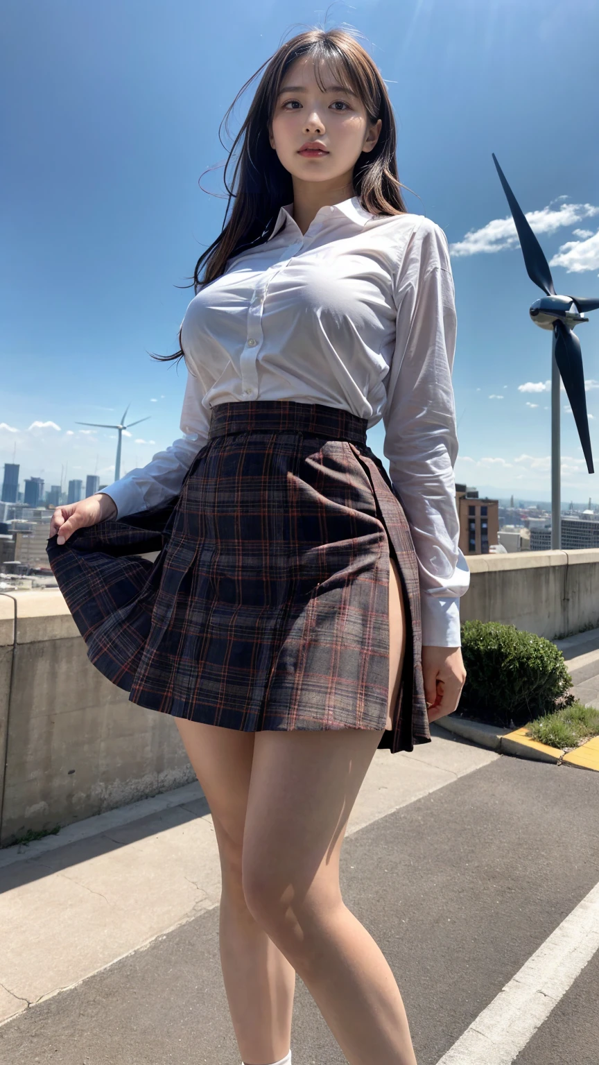 1 giantess standing above the city,Graceful figure,1 girl, from_below,big deal_breast, long_sleeve, outdoor, , shooting, Plaid, Plaid_skirt, strength_Lines, School_, skirt, Sky, alone, underwear, upskirt, Utilities_No, wind_turbine,realistic art,(emphasize),Look up at camera,a giantess