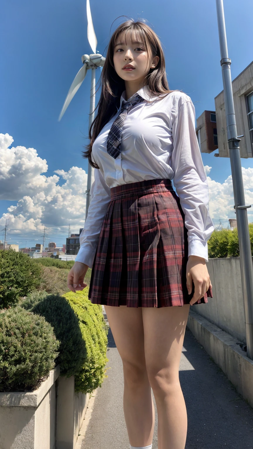 1 giantess standing above the city,Graceful figure,1 girl, from_below,big deal_breast, long_sleeve, outdoor, , shooting, Plaid, Plaid_skirt, strength_Lines, School_, skirt, Sky, alone, underwear, upskirt, Utilities_No, wind_turbine,realistic art,(emphasize),Look up at camera,a giantess
