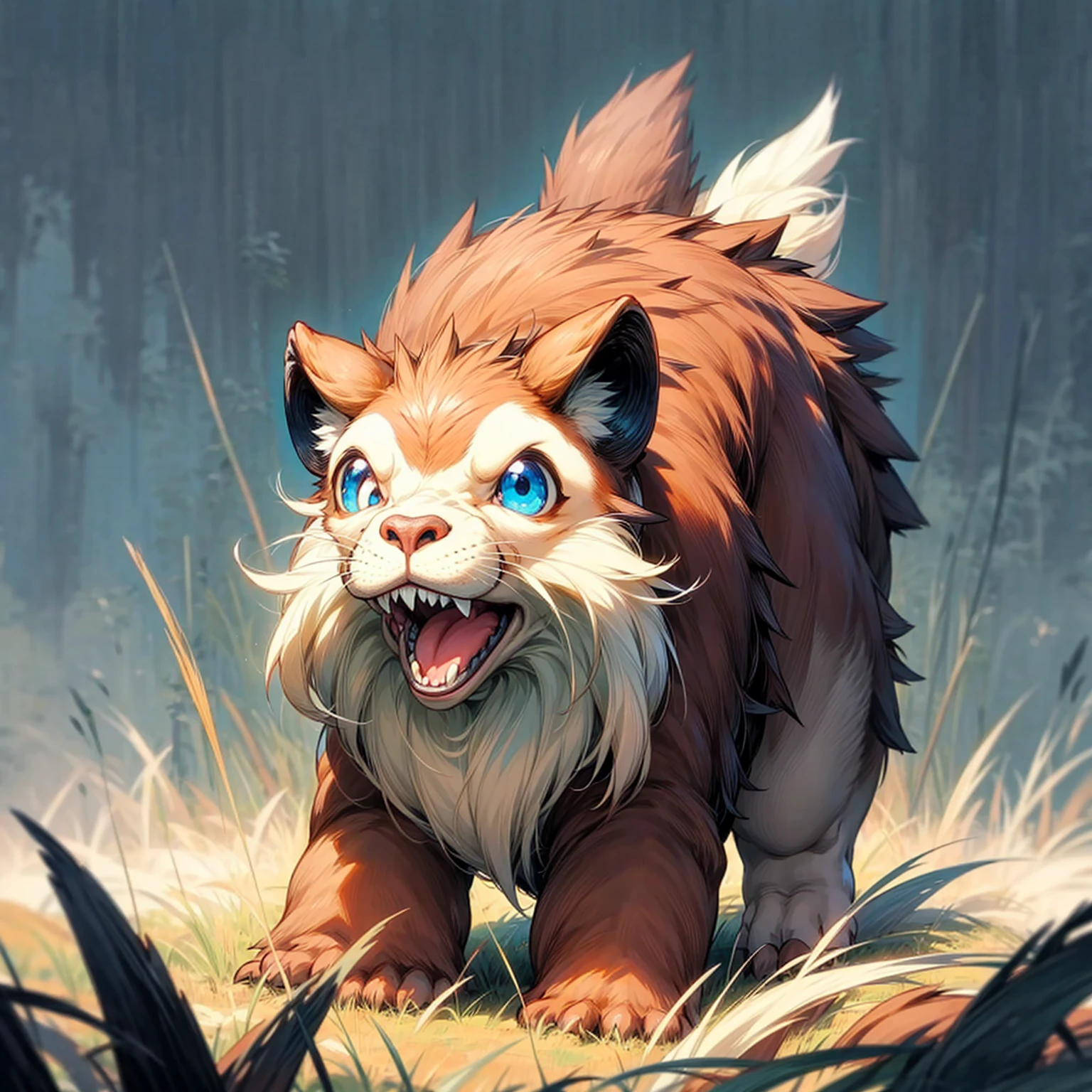 1animaly, medium animal version, Full body version, beaver mixed with dinosaurus, blue eyes, beaver head mixed, has horns, Grassroots, full background in field