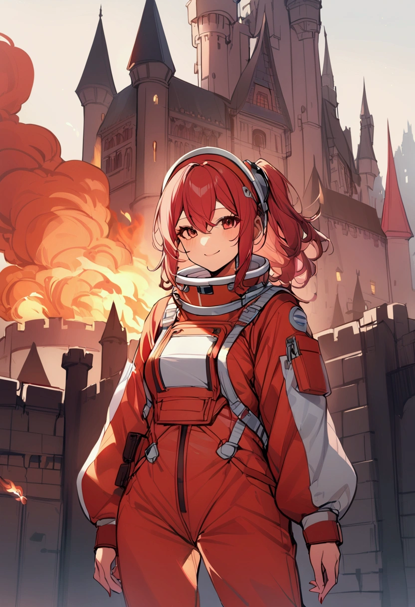1 girl, red spacesuit, smile, castle background, very detailed