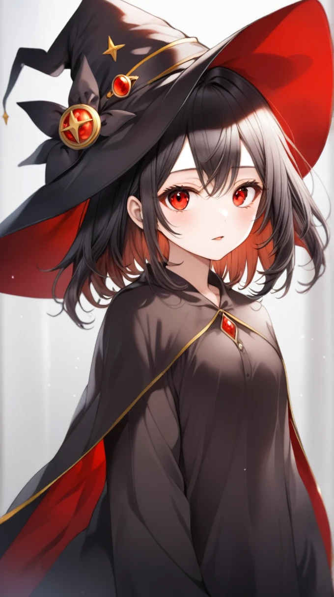 A 16 year old girl, with a red eyes, blackquality hair, with witch hat