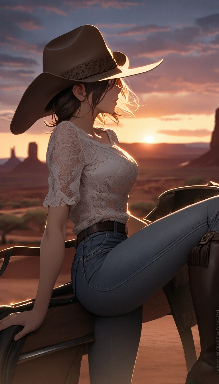 digital portrait, realistic depiction of the human body, RAW photo, one weasten cow girl, Security Officer, gentle gray eyes, plump lips, An ennui look, huge firm bouncing busts, Long brown hair, horse riding, (((Cowboy hat, 着古した茶色のSecurity Officerの革ジャケット, Lace shirt, Jeans short pants, Leather cowboy boots))), highest quality, super resolution, master piece:1.5, medium depth of field, 50ｍｍlens, cinematic lighting, Backlight, professional photographer, , Monument Valley, vast ranch, Sunset, sunset,, Wagon, Dual pistols, duel
