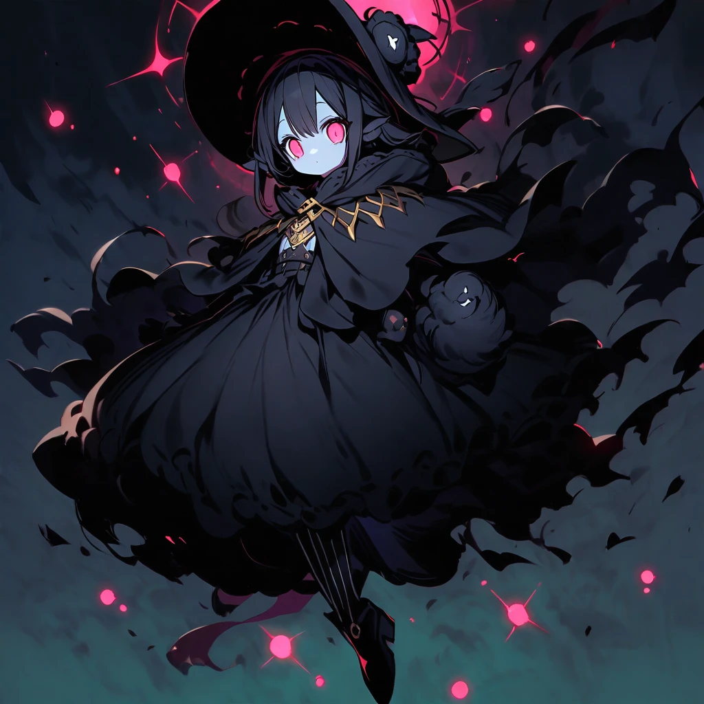 (well done: 1) small creature made completely of darkness, black hair, long straight hair, black sheep ears, black sheep tail, large hat, large white eyes, black poncho with hood, white dress stripped underneath, black boots .