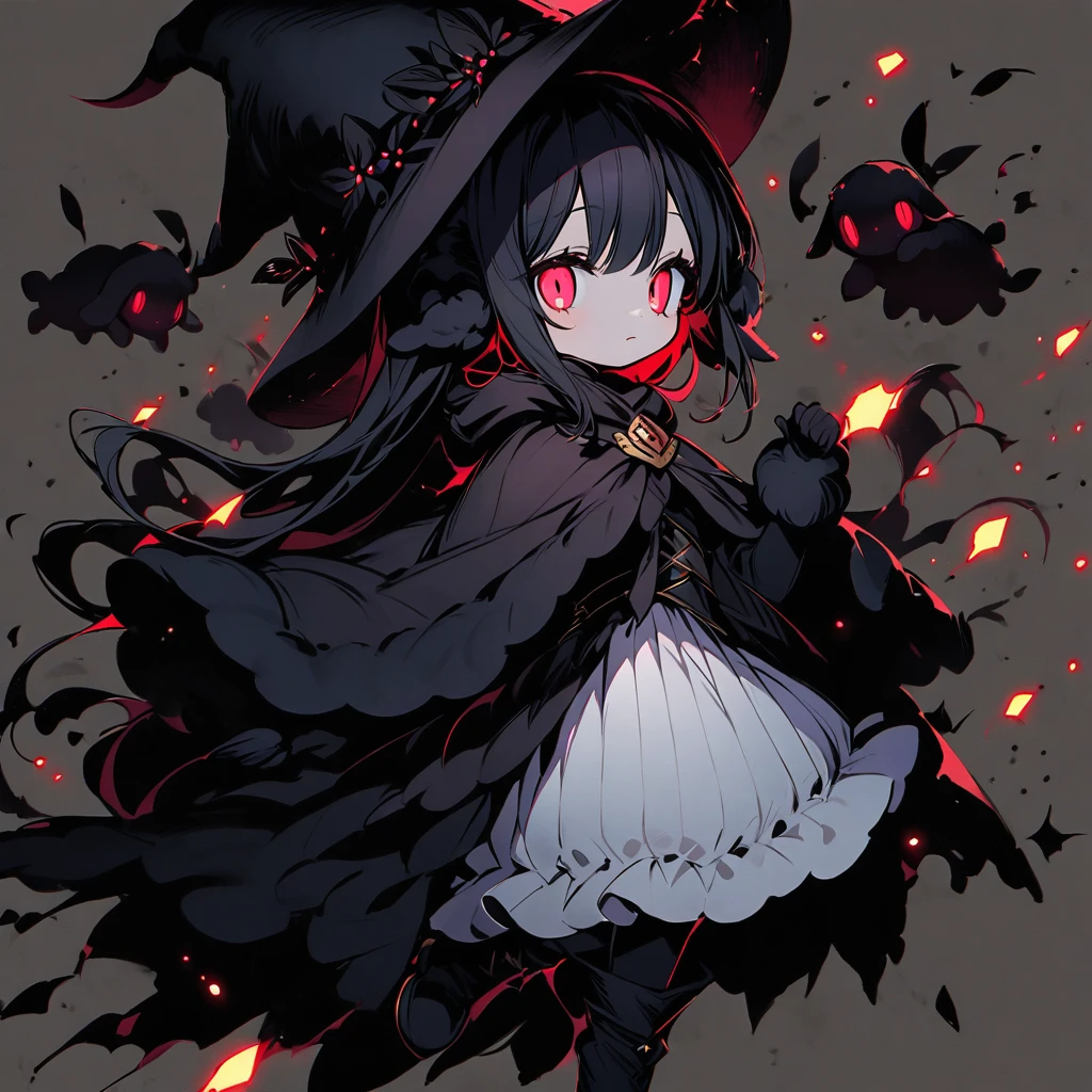 (well done: 1) small creature made completely of darkness, black hair, long straight hair, black sheep ears, black sheep tail, large hat, large white eyes, black poncho with hood, white dress stripped underneath, black boots .