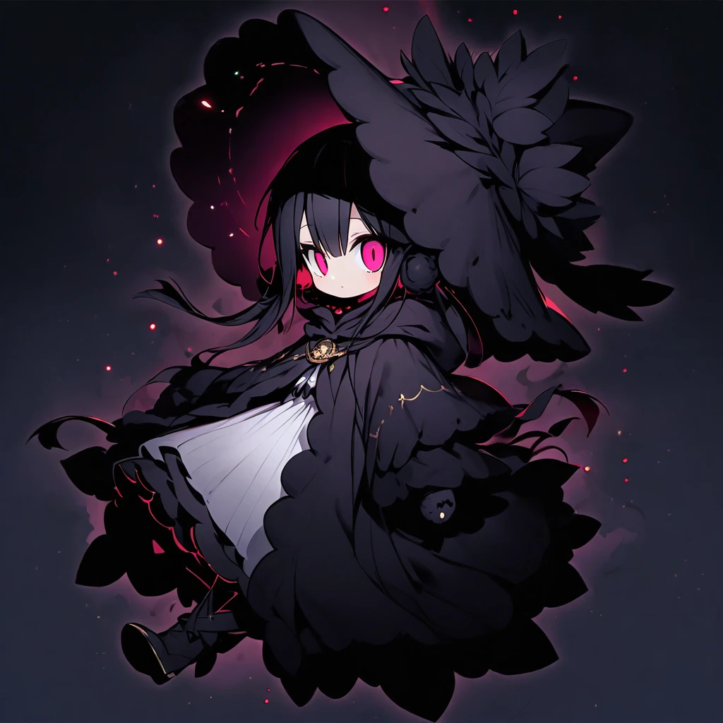 (well done: 1) small creature made completely of darkness, black hair, long straight hair, black sheep ears, black sheep tail, large hat, large white eyes, black poncho with hood, white dress stripped underneath, black boots .